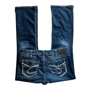 Silver Jeans Slim Bootcut “SUKI” (34x31) dark wash, distressed, good stretch